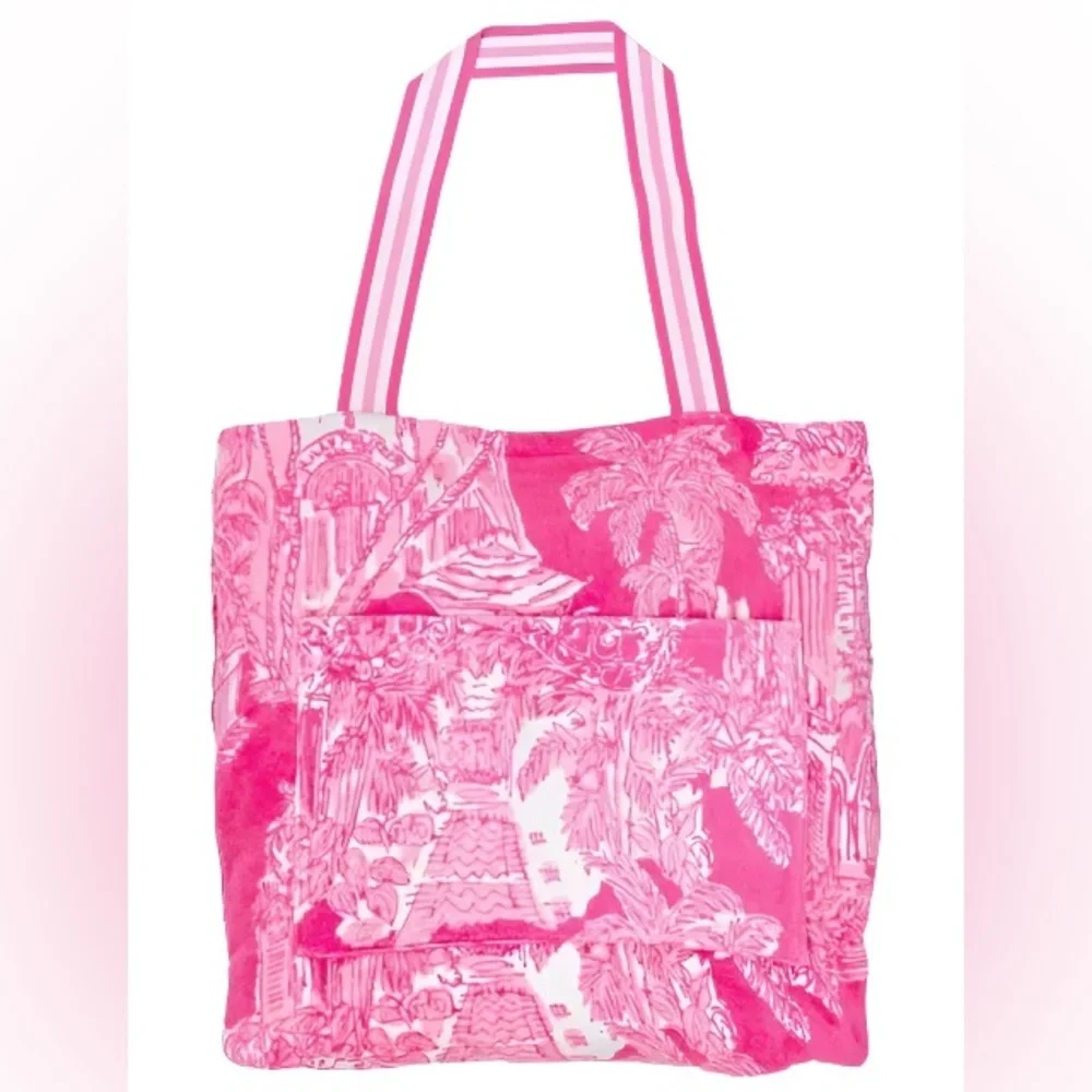New Lilly Pulitzer Towel Tote pink Palm Beach Toile
